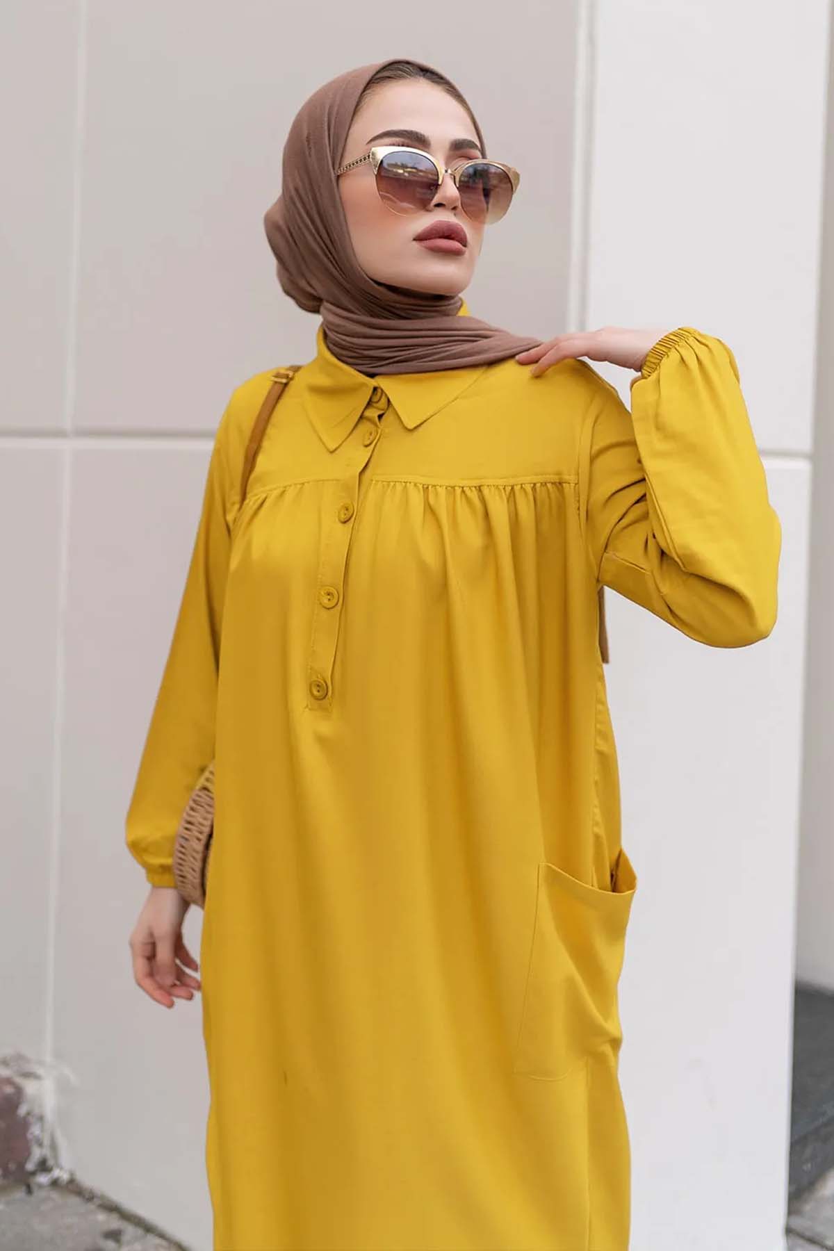  Yanları Yırtmaç Robalı Tam Boy Tunik Sarı 8222
