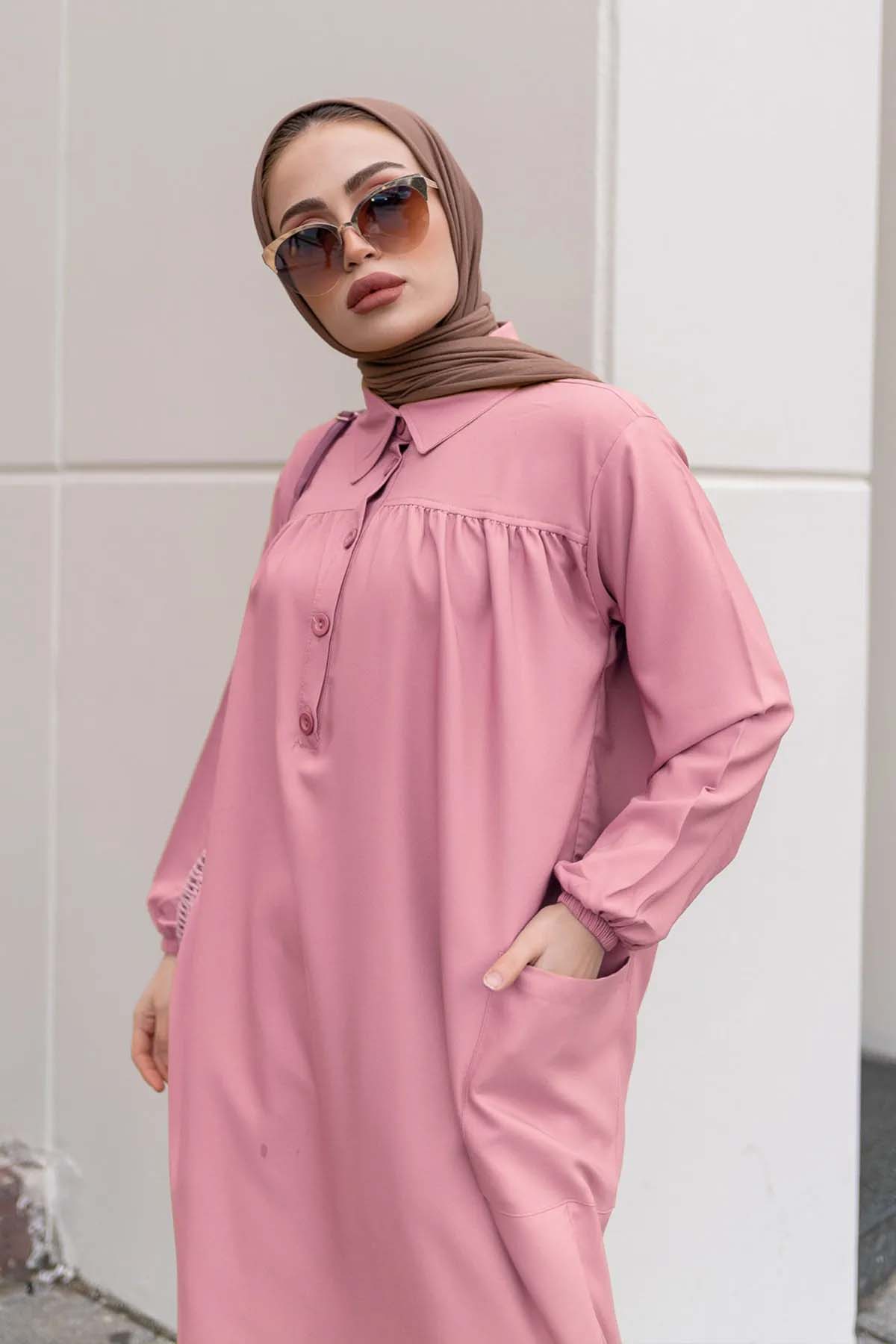 Yanları Yırtmaç Robalı Tam Boy Tunik Pudra 8222 Yanları Yırtmaç Robalı Tam Boy Tunik Pudra 8222