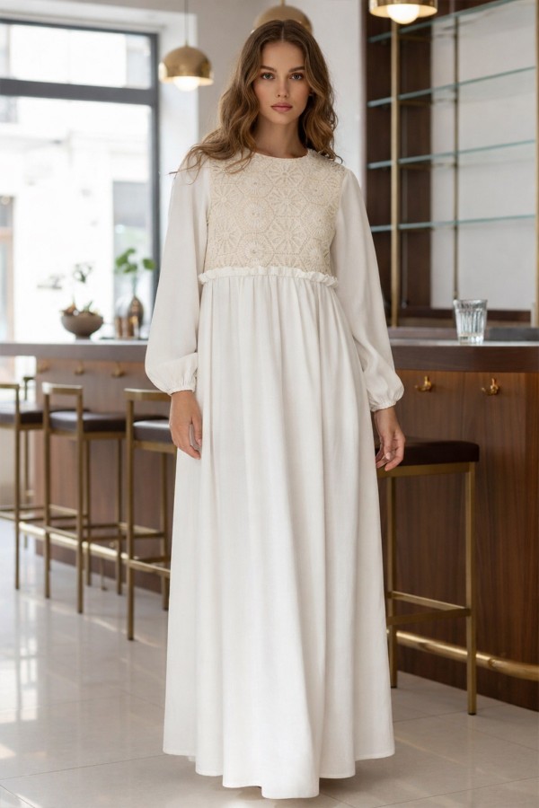  Dantel Detaylı Keten Tesettür Elbise Taş Rengi 8787