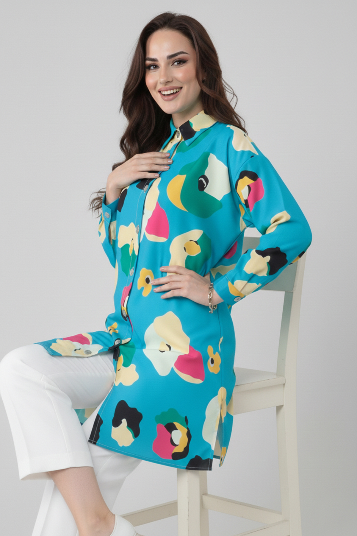 Desenli Tesettür Gömlek Turkuaz 8888 Desenli Tesettür Gömlek Turkuaz 8888