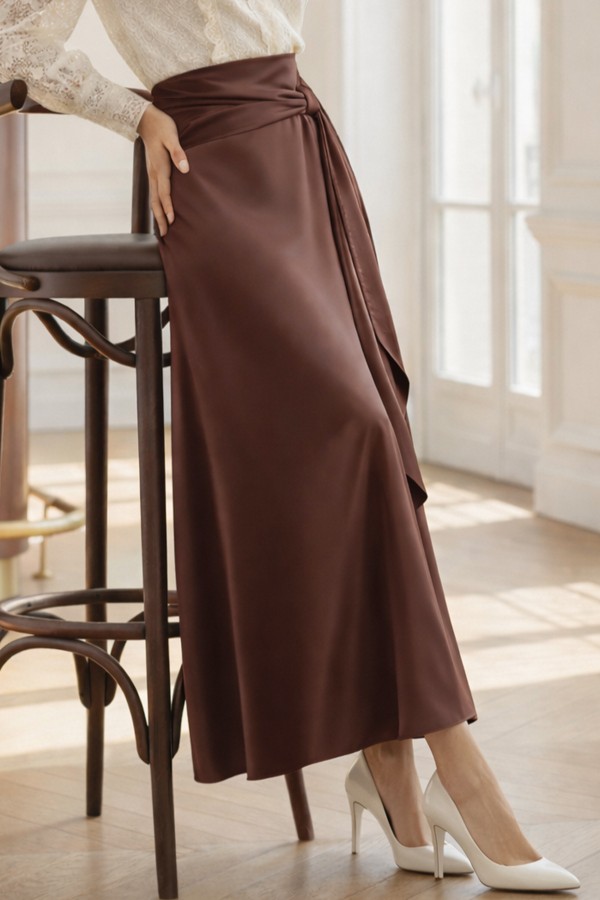 Fularlı Saten Etek A60687 Kahverengi