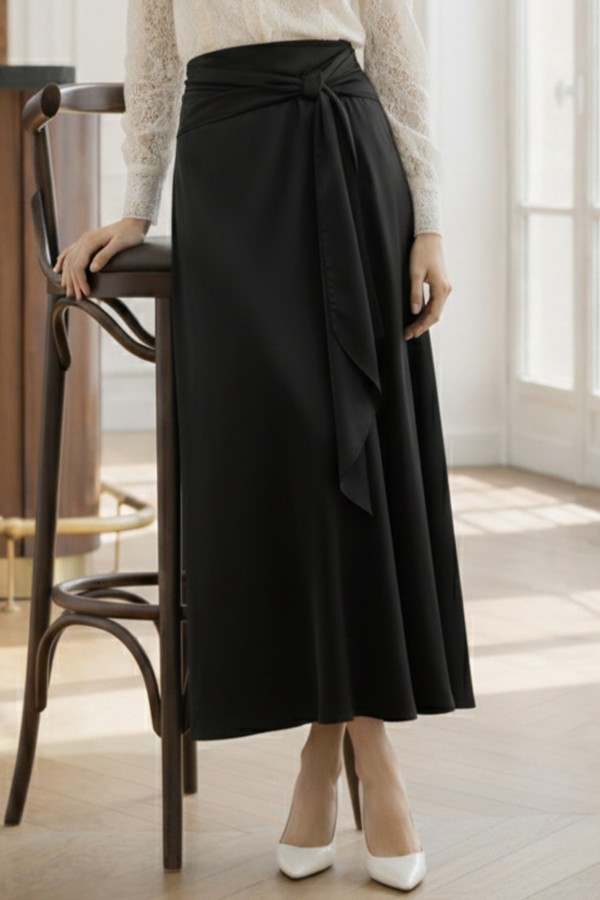 Fularlı Saten Etek A60687 Siyah