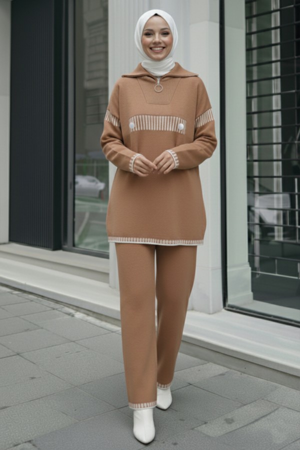 Yakası Fermuarlı Triko Takım S1105 Vizon