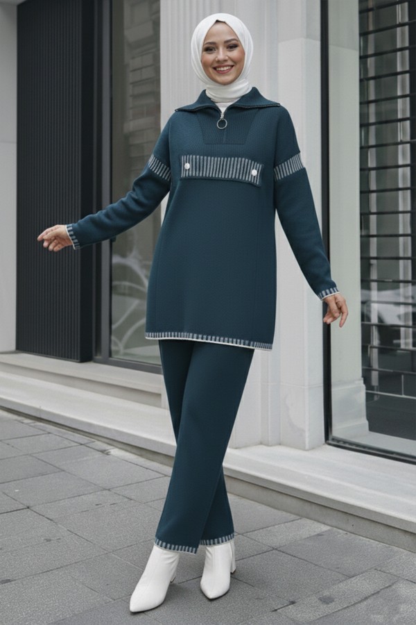 Yakası Fermuarlı Triko Takım S1105 Zümrüt Yeşili