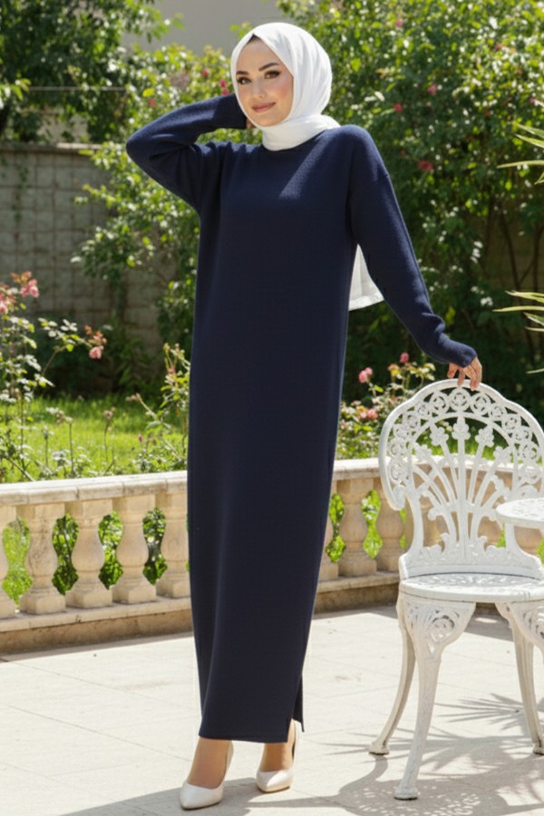 Yırtmaç Detaylı Triko Elbise S510 Lacivert