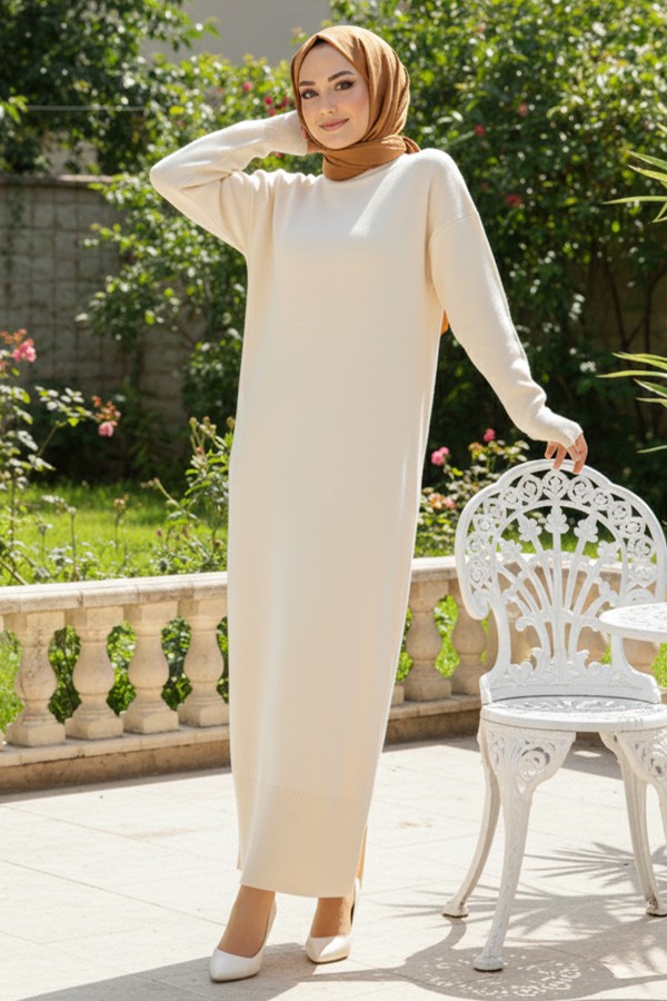 Yırtmaç Detaylı Triko Elbise S510 Taş Rengi