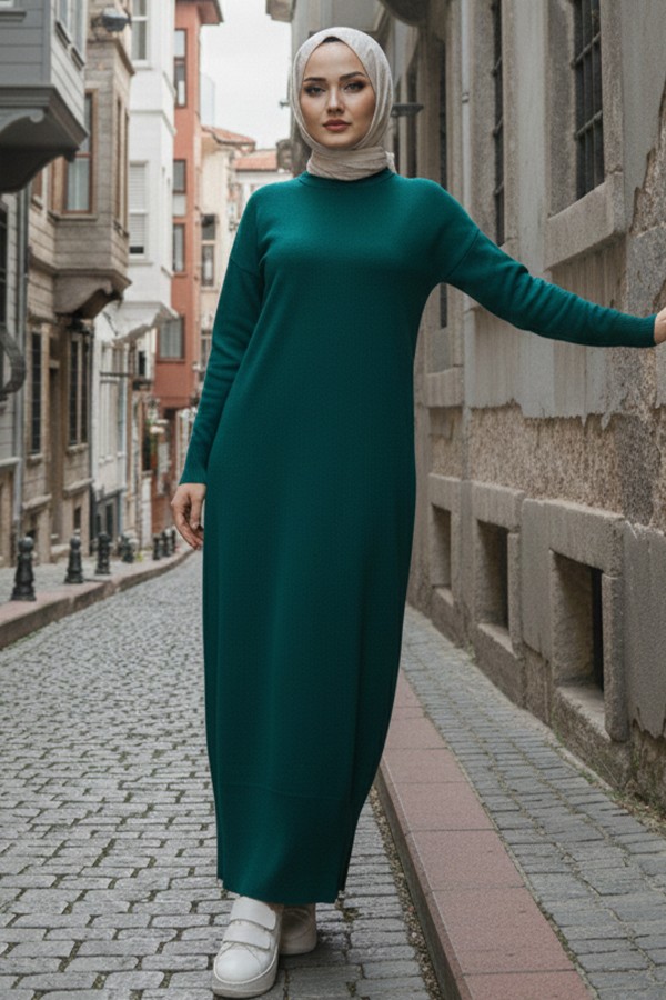 Yırtmaç Detaylı Triko Elbise S510 Zümrüt Yeşili