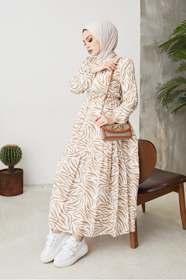 Zebra Desen Elbise Bej 401 Zebra Desen Elbise Bej 401