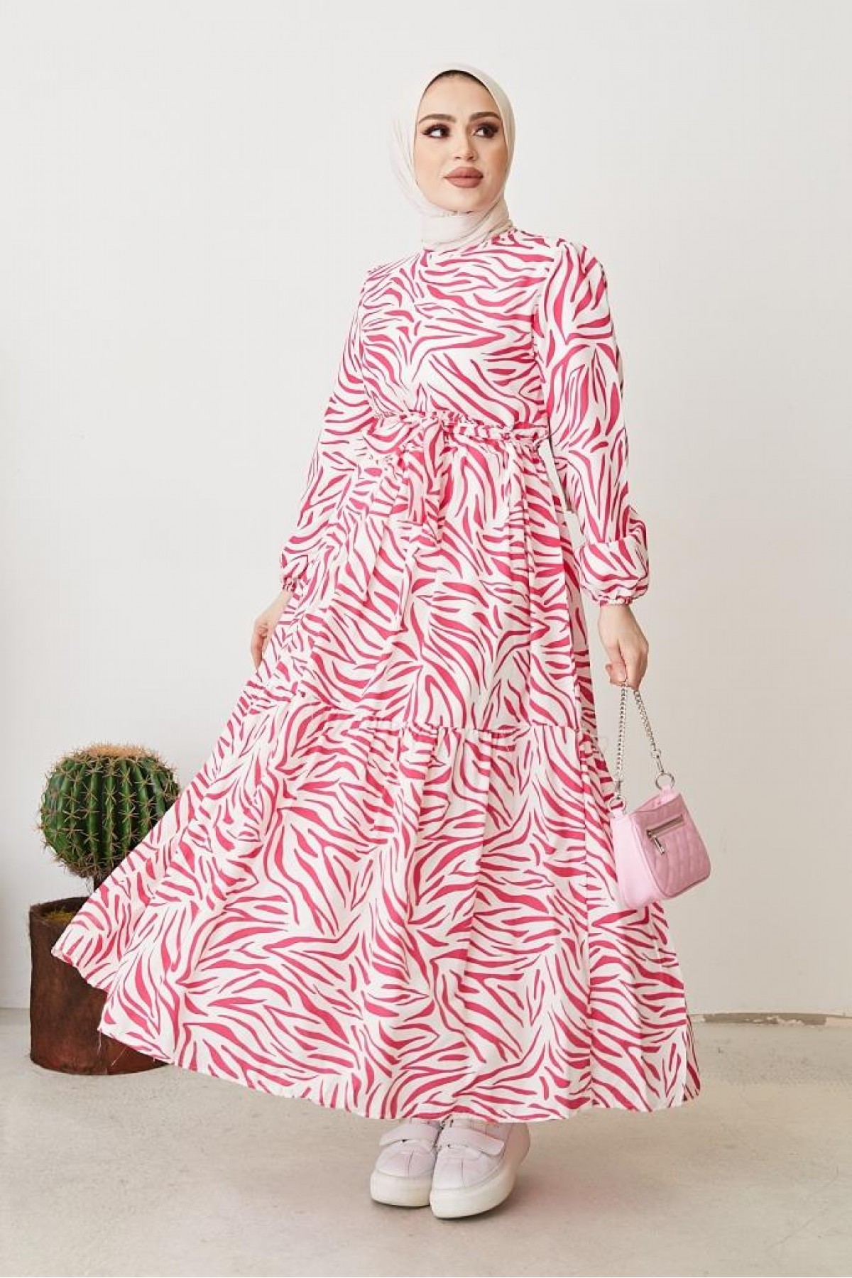 Zebra Desen Elbise Fuşya 401 Zebra Desen Elbise Fuşya 401