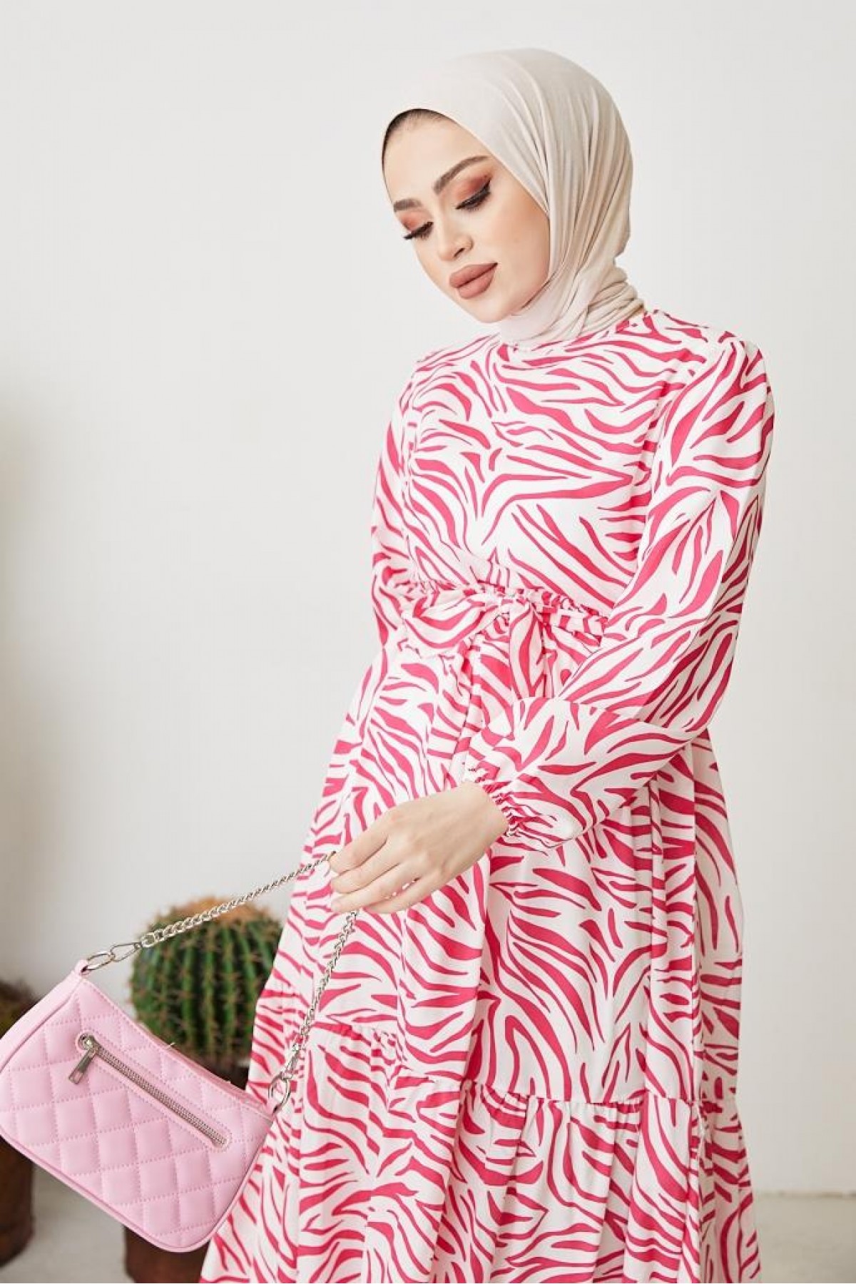 Zebra Desen Elbise Fuşya 401 Zebra Desen Elbise Fuşya 401