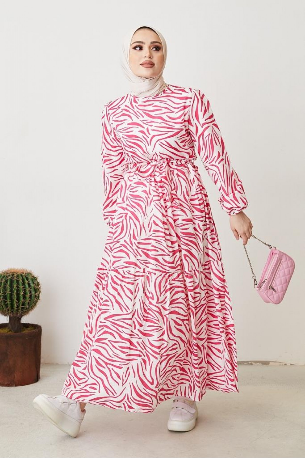 Zebra Desen Elbise Fuşya 401 Zebra Desen Elbise Fuşya 401