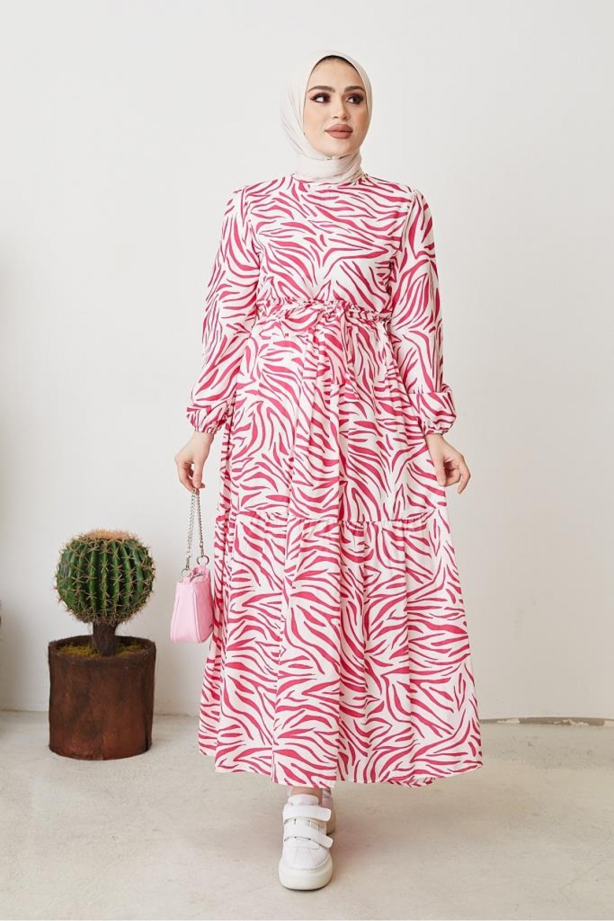 Zebra Desen Elbise Fuşya 401 Zebra Desen Elbise Fuşya 401