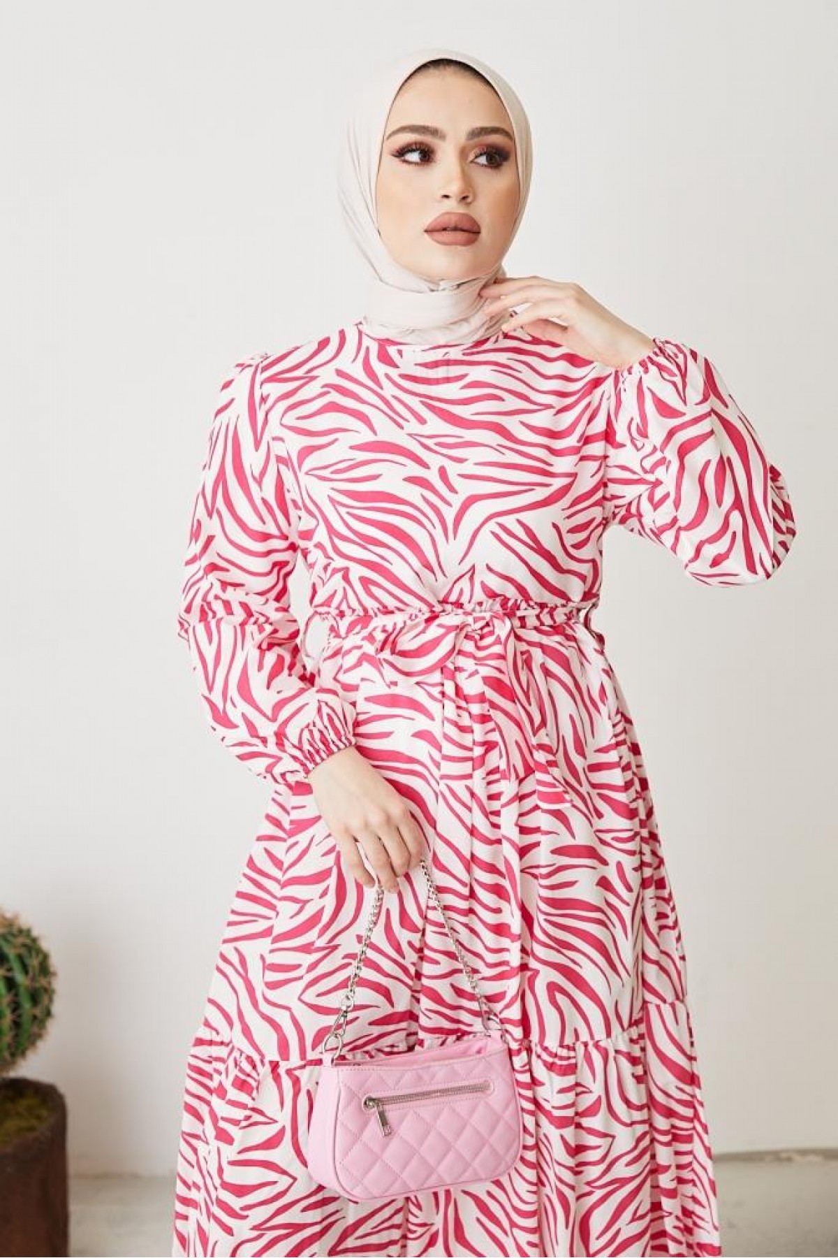 Zebra Desen Elbise Fuşya 401 Zebra Desen Elbise Fuşya 401