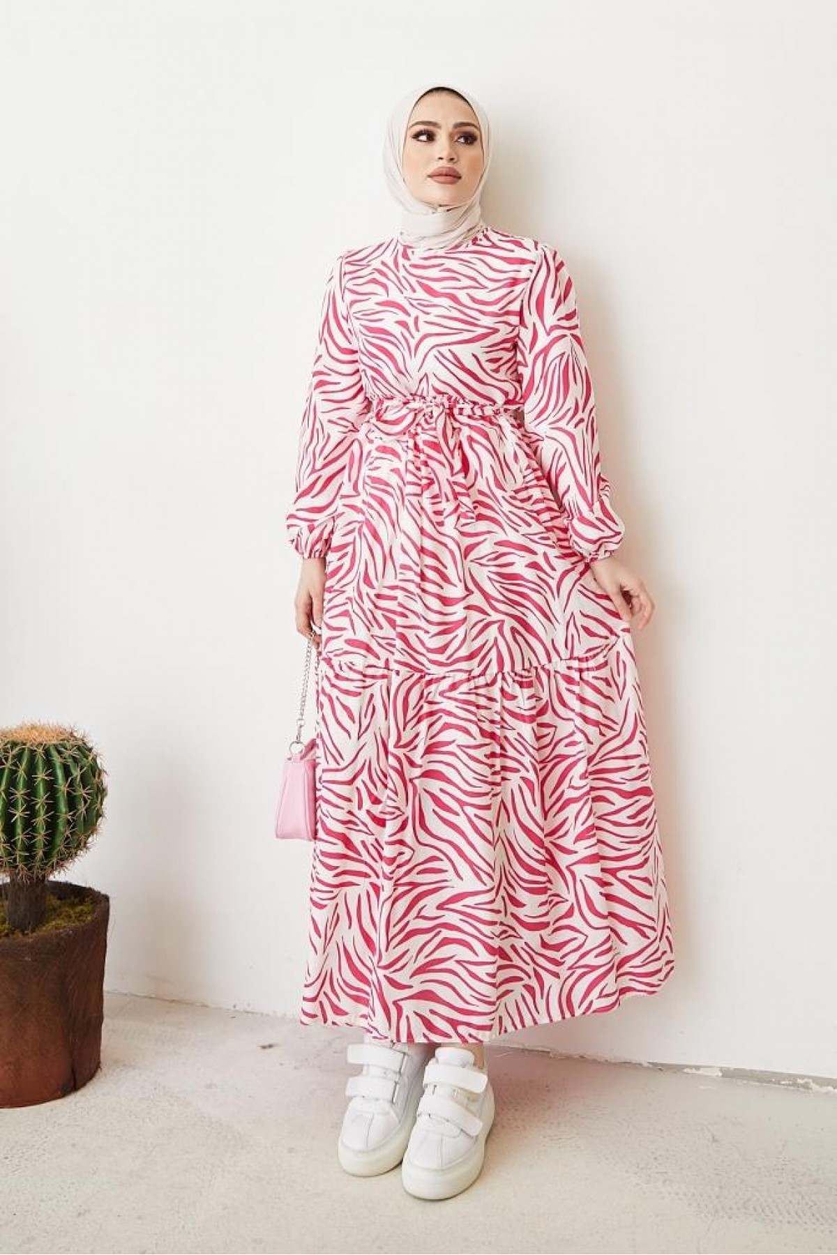 Zebra Desen Elbise Fuşya 401 Zebra Desen Elbise Fuşya 401