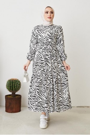  Zebra Desen Elbise Siyah 401