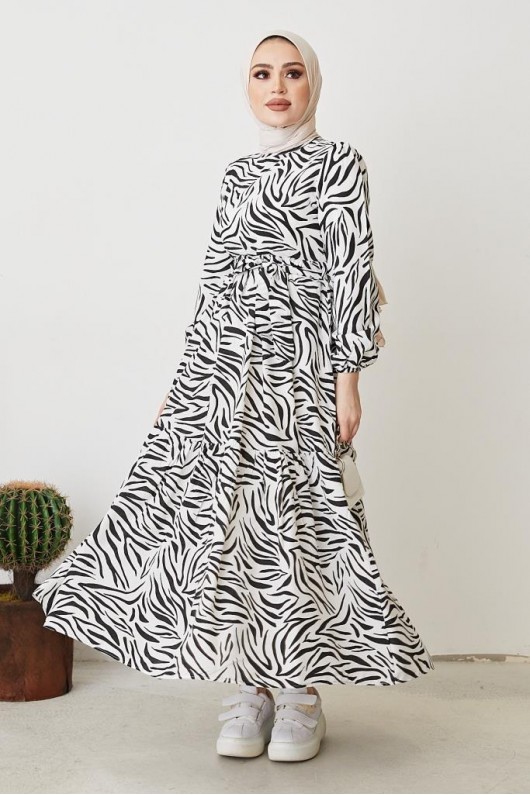  Zebra Desen Elbise Siyah 401