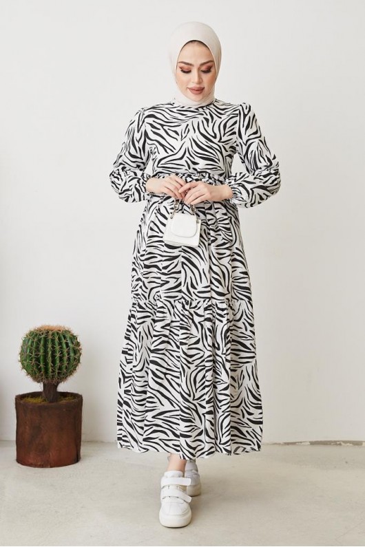  Zebra Desen Elbise Siyah 401