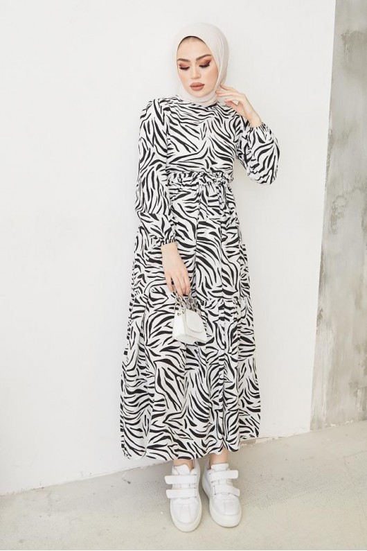  Zebra Desen Elbise Siyah 401