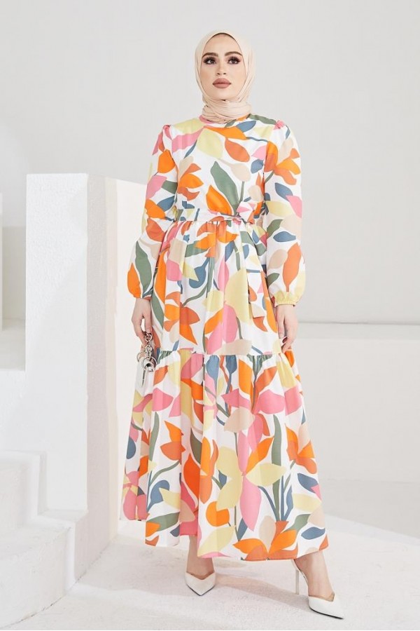 Desenli Tesettür Elbise Oranj 8005 Desenli Tesettür Elbise Oranj 8005