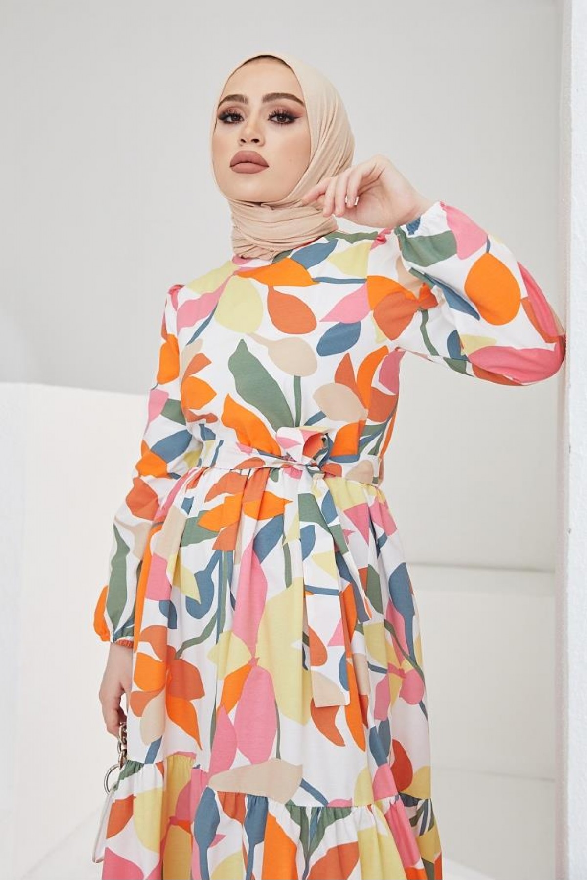 Desenli Tesettür Elbise Oranj 8005 Desenli Tesettür Elbise Oranj 8005