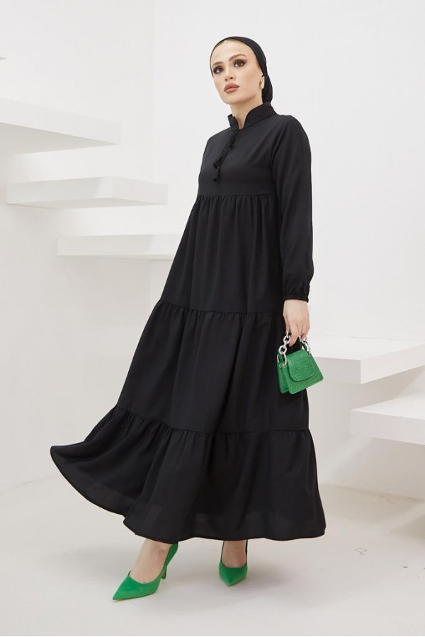  Yakası Bağcıklı Tesettür Elbise Siyah 425