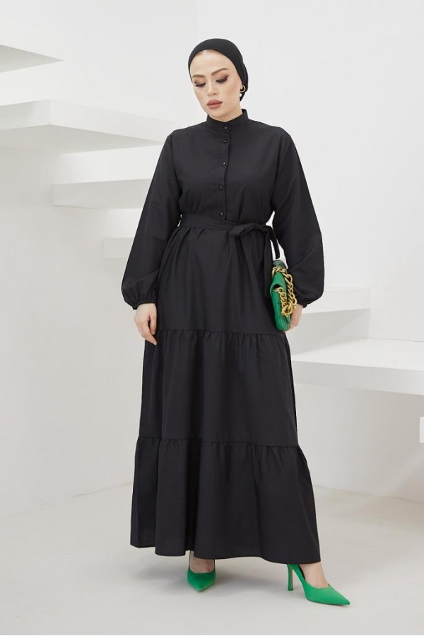  Hakim Yaka Düğmeli Tesettür Elbise Siyah 428