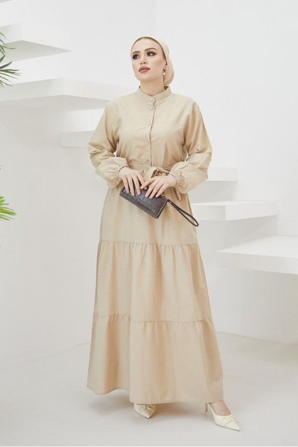  Hakim Yaka Düğmeli Tesettür Elbise Taş 428