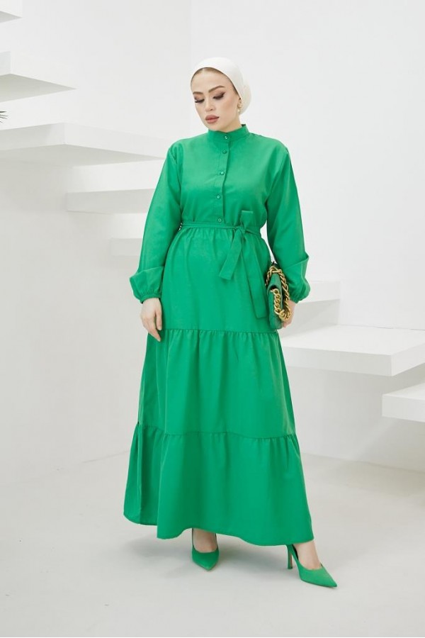 Hakim Yaka Düğmeli Tesettür Elbise Yeşil 428 Hakim Yaka Düğmeli Tesettür Elbise Yeşil 428
