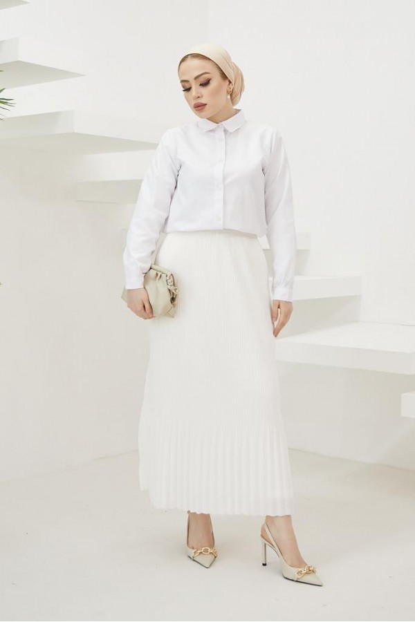 Piliseli Tesettür Etek Beyaz 205