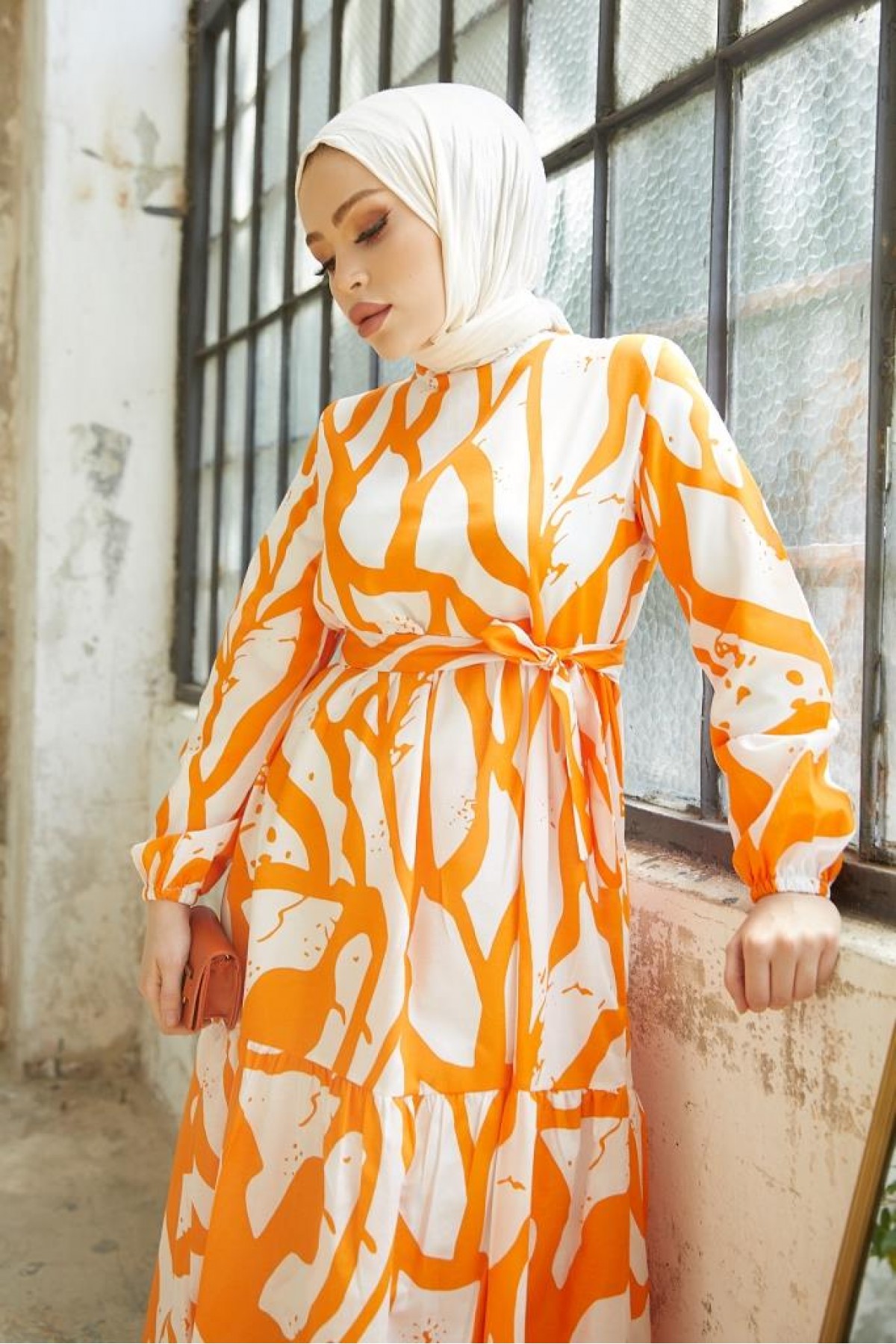 Desenli Tesettür Elbise Oranj 430 Desenli Tesettür Elbise Oranj 430