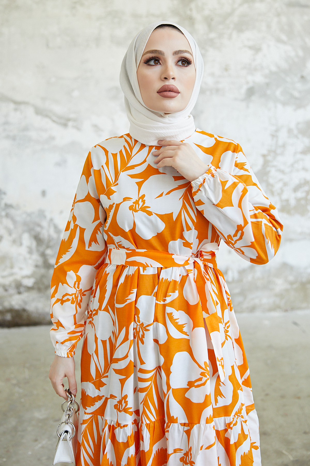 Çiçek Desen Tesettür Elbise Oranj 431 Çiçek Desen Tesettür Elbise Oranj 431