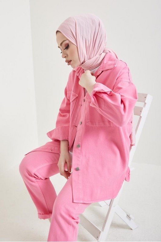  Ceket Pantolon Tesettür İkili Kot Takım Pembe 8175