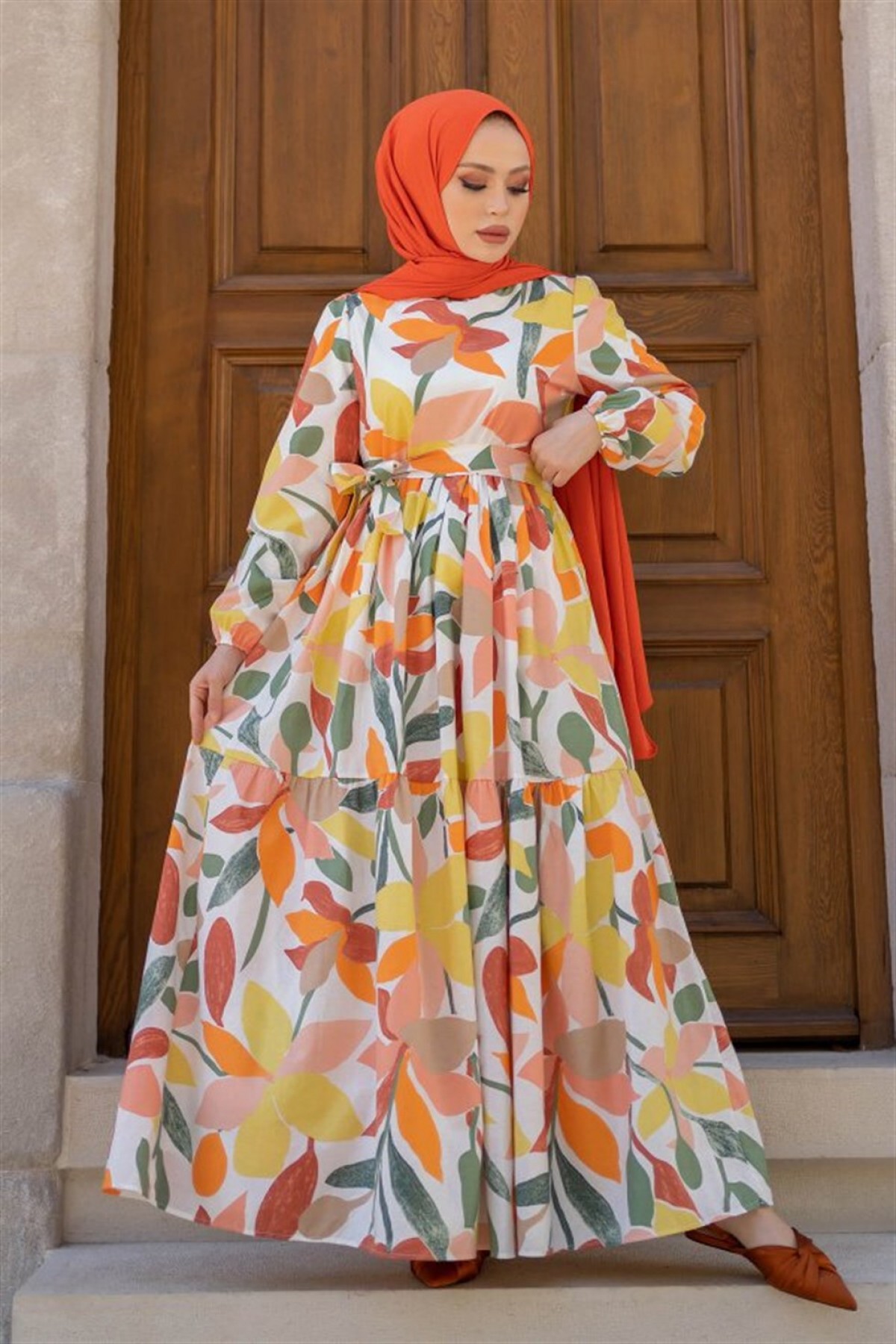 Desenli Tesettür Elbise Oranj 8005-1 Desenli Tesettür Elbise Oranj 8005-1