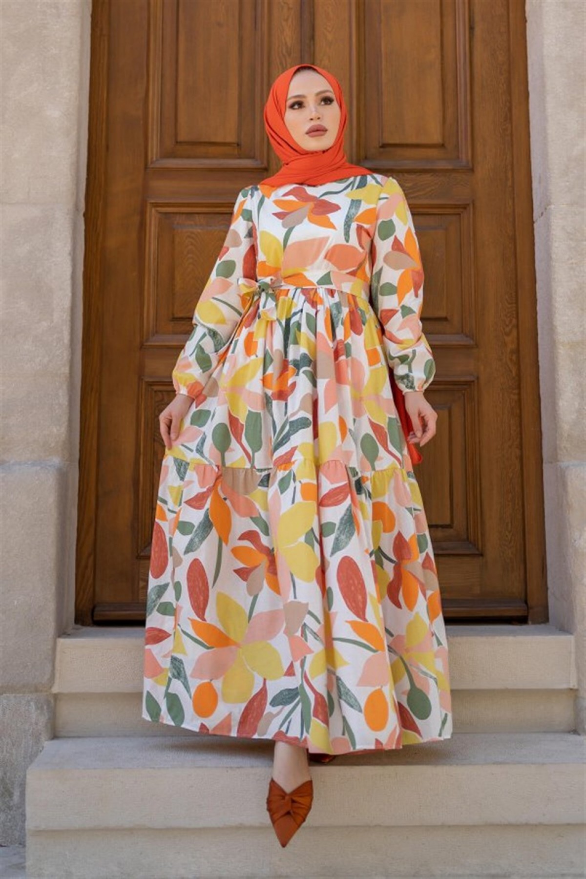 Desenli Tesettür Elbise Oranj 8005-1 Desenli Tesettür Elbise Oranj 8005-1