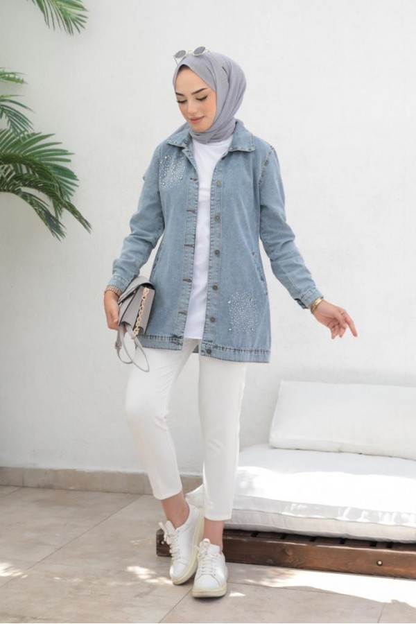 Taş İşlemeli Tesettür Kot Ceket Mavi 7703 Taş İşlemeli Tesettür Kot Ceket Mavi 7703