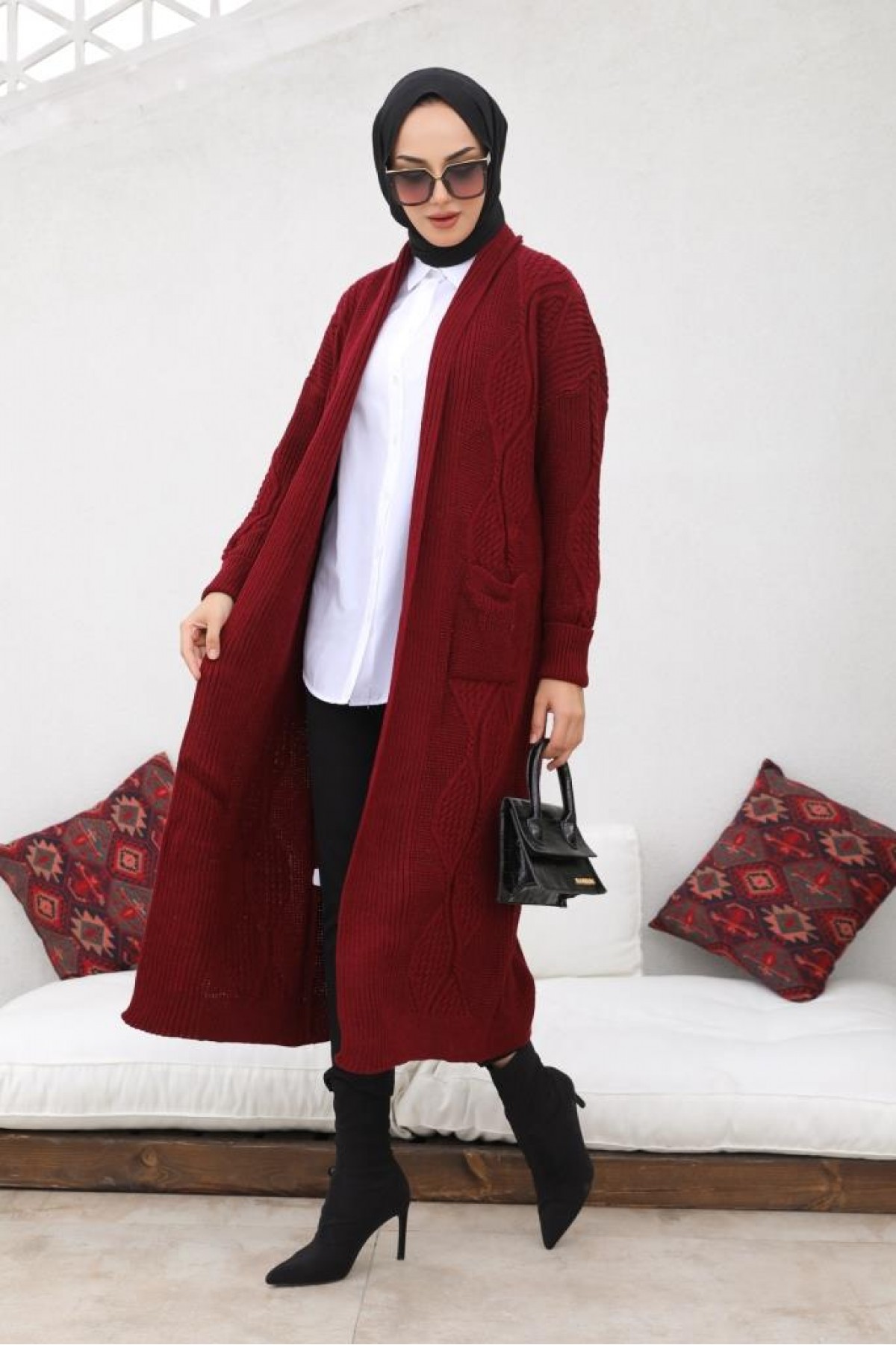 Uzun Triko Hırka Bordo 2447 Uzun Triko Hırka Bordo 2447