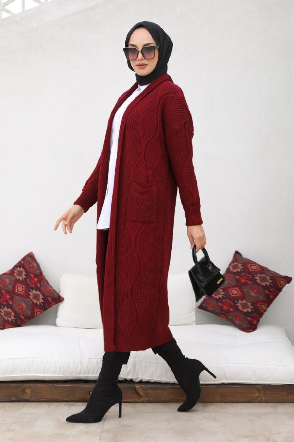 Uzun Triko Hırka Bordo 2447 Uzun Triko Hırka Bordo 2447