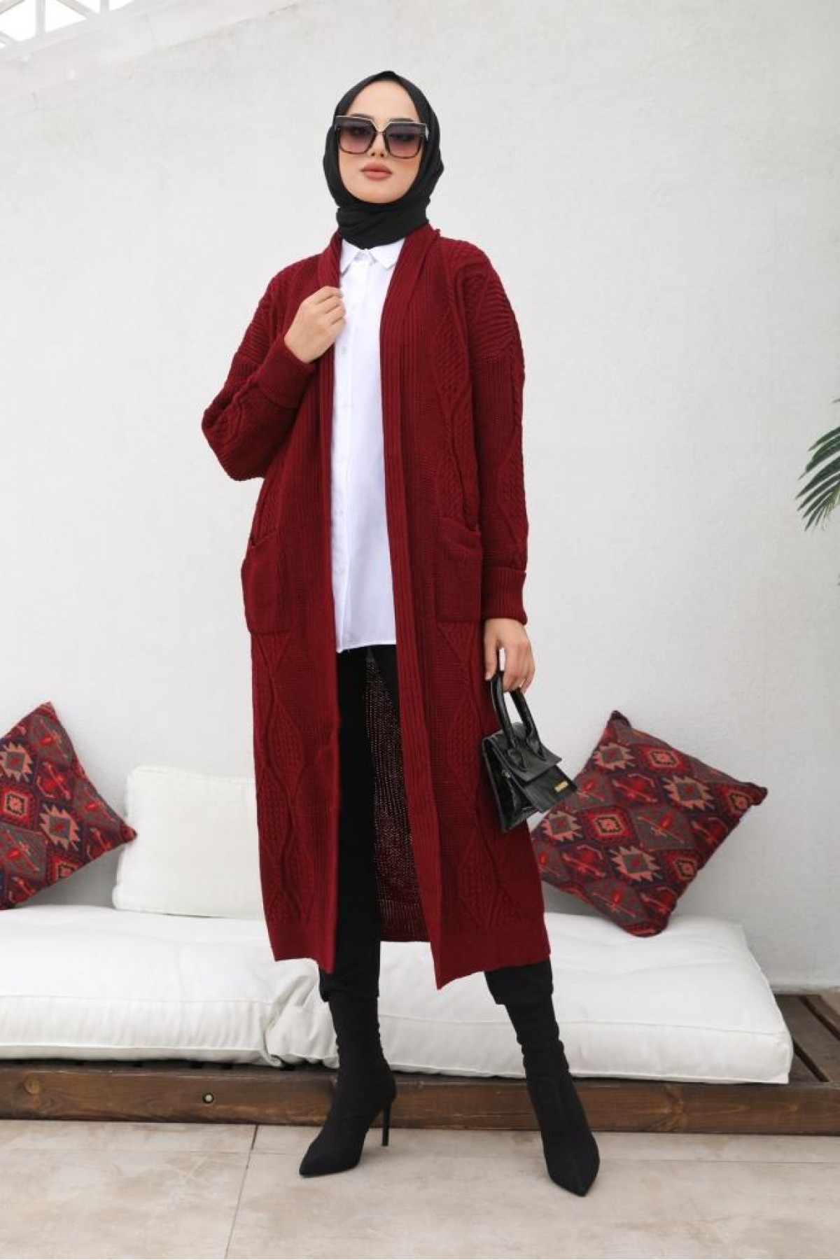 Uzun Triko Hırka Bordo 2447 Uzun Triko Hırka Bordo 2447