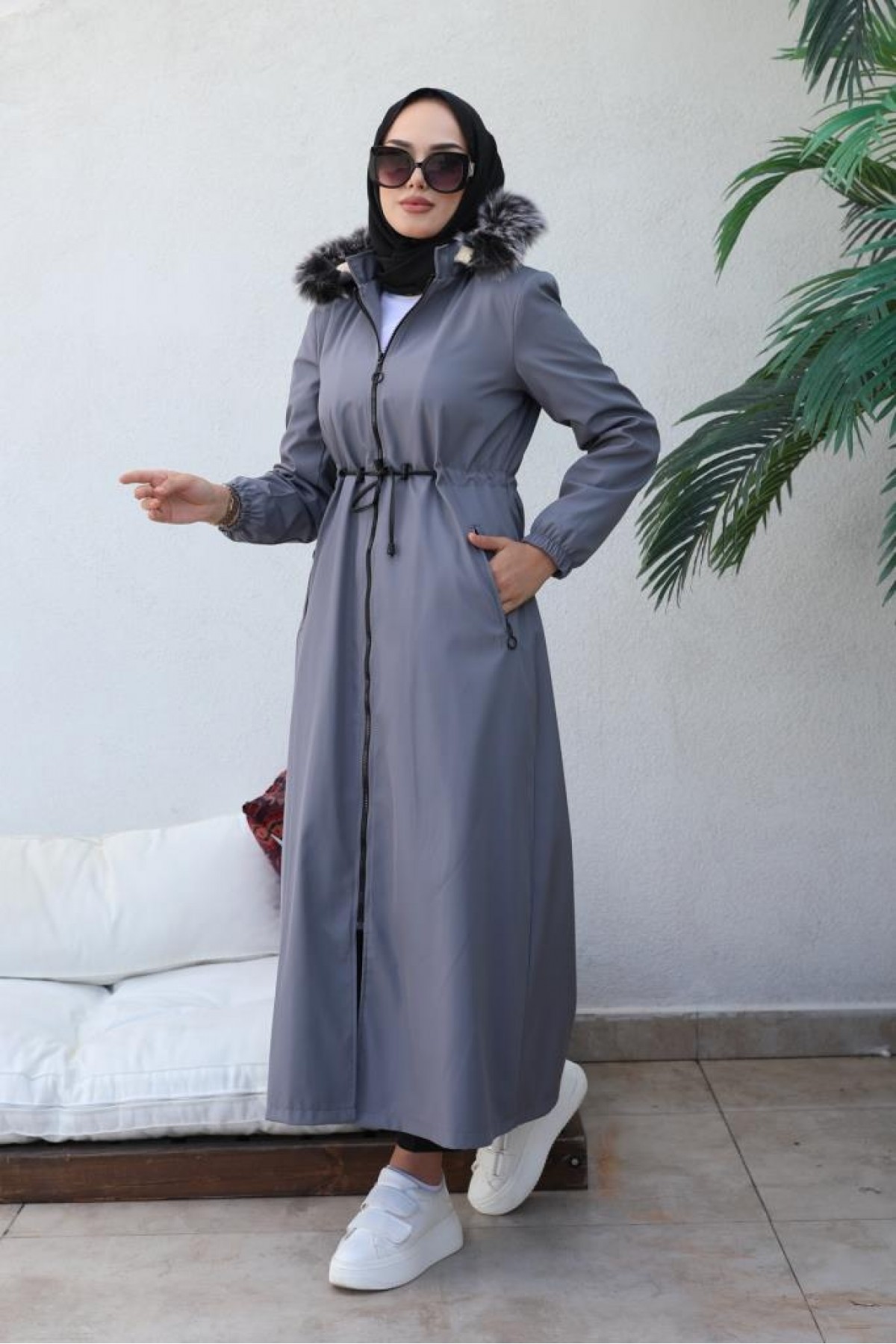  İçi Kürklü Kapüşonlu Uzun Bondit Kaban Gri 9502