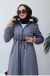  İçi Kürklü Kapüşonlu Uzun Bondit Kaban Gri 9502