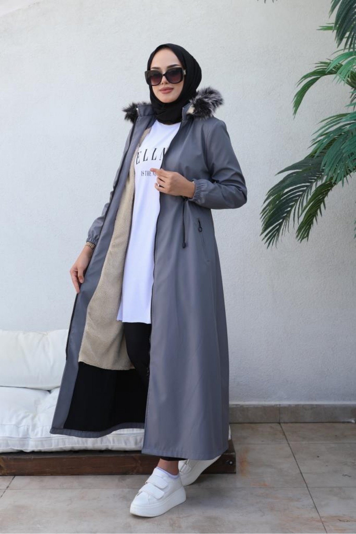  İçi Kürklü Kapüşonlu Uzun Bondit Kaban Gri 9502