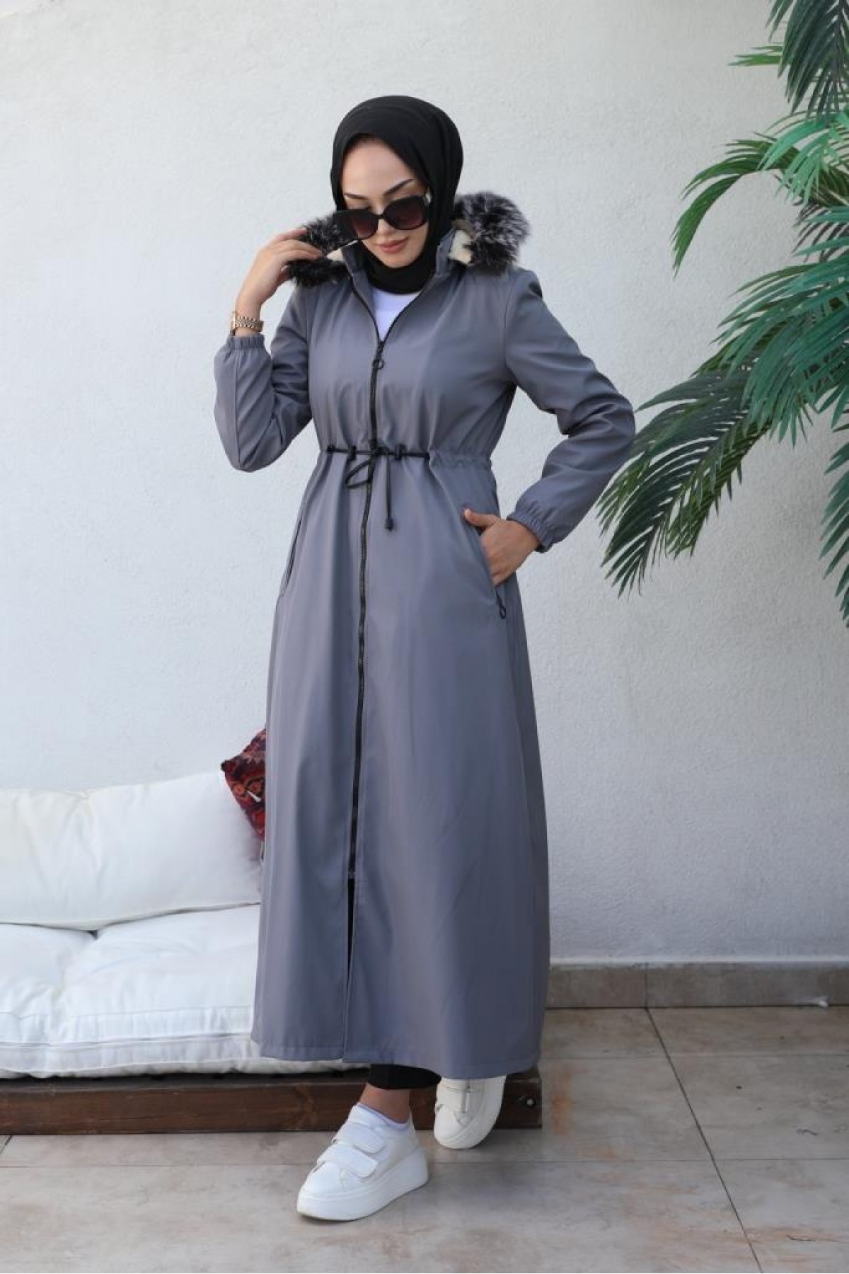  İçi Kürklü Kapüşonlu Uzun Bondit Kaban Gri 9502