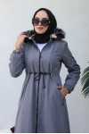  İçi Kürklü Kapüşonlu Uzun Bondit Kaban Gri 9502