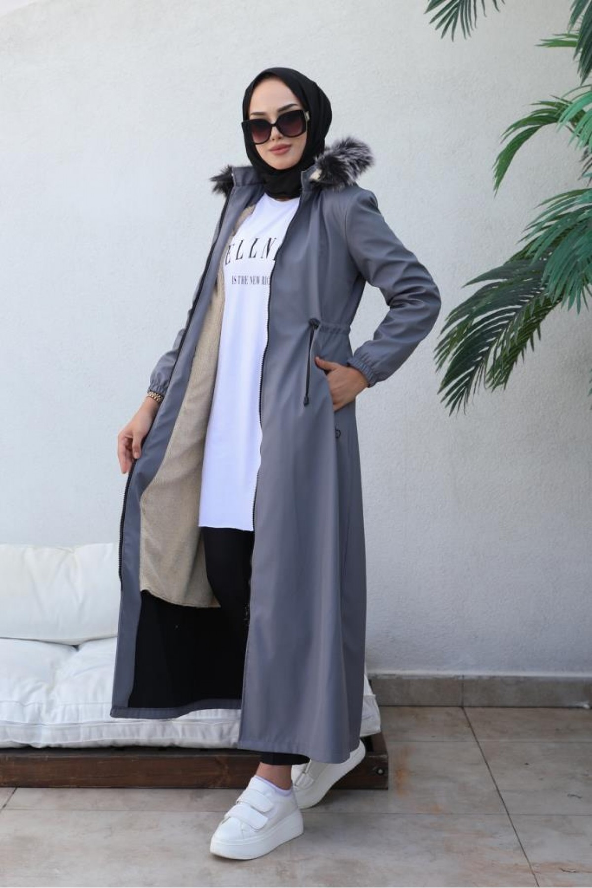  İçi Kürklü Kapüşonlu Uzun Bondit Kaban Gri 9502