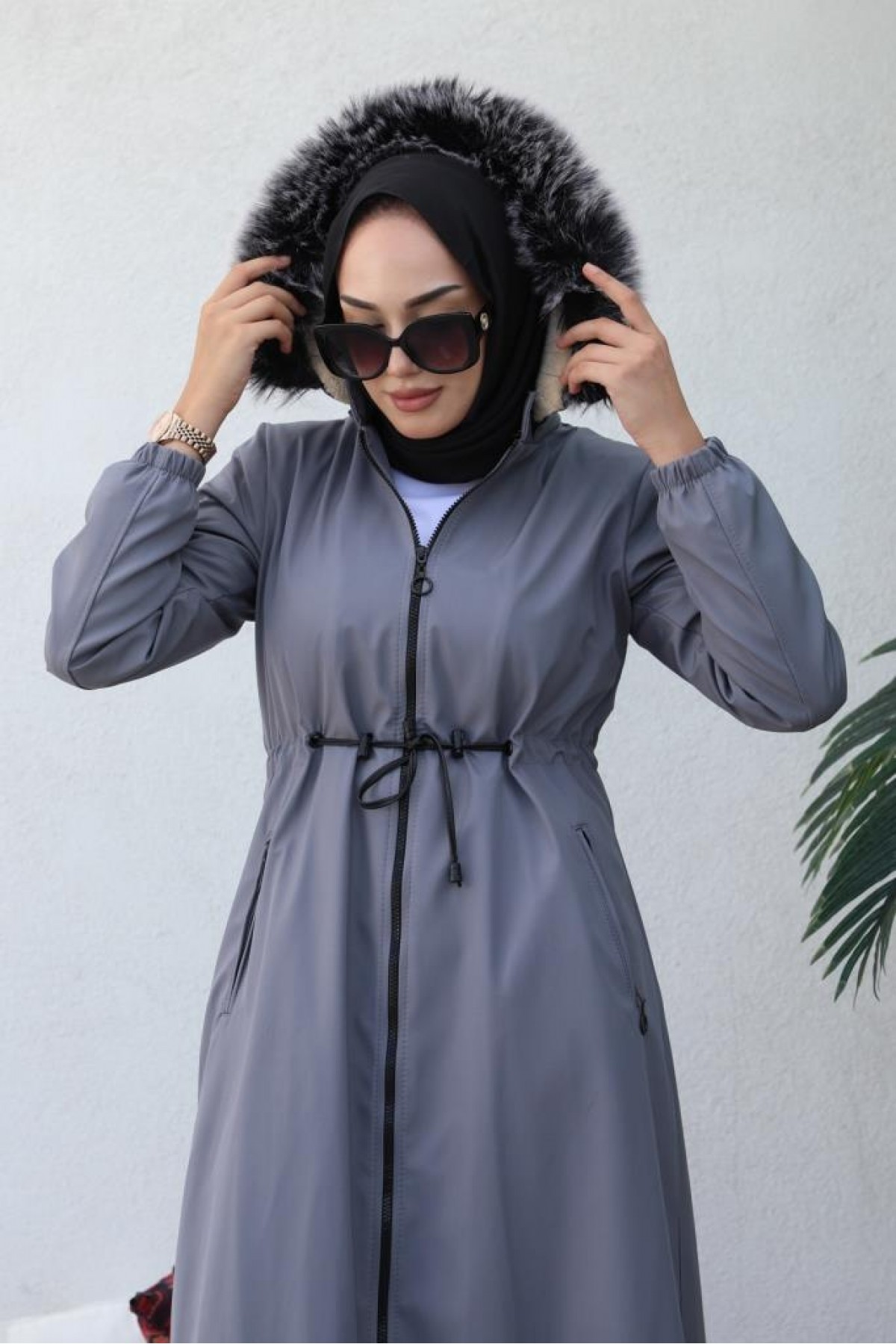  İçi Kürklü Kapüşonlu Uzun Bondit Kaban Gri 9502