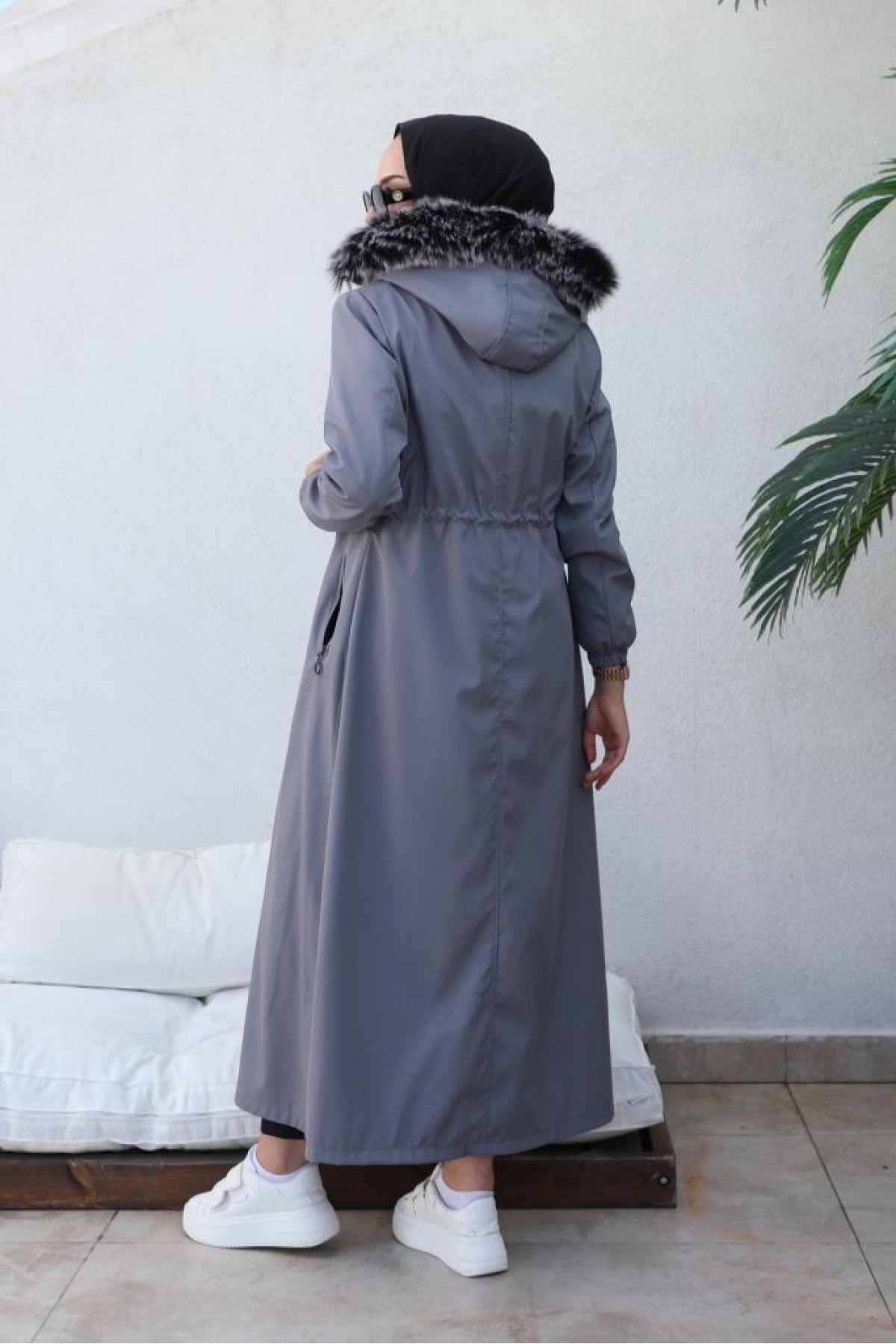  İçi Kürklü Kapüşonlu Uzun Bondit Kaban Gri 9502