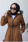  İçi Kürklü Kapüşonlu Uzun Bondit Kaban Taba 9502