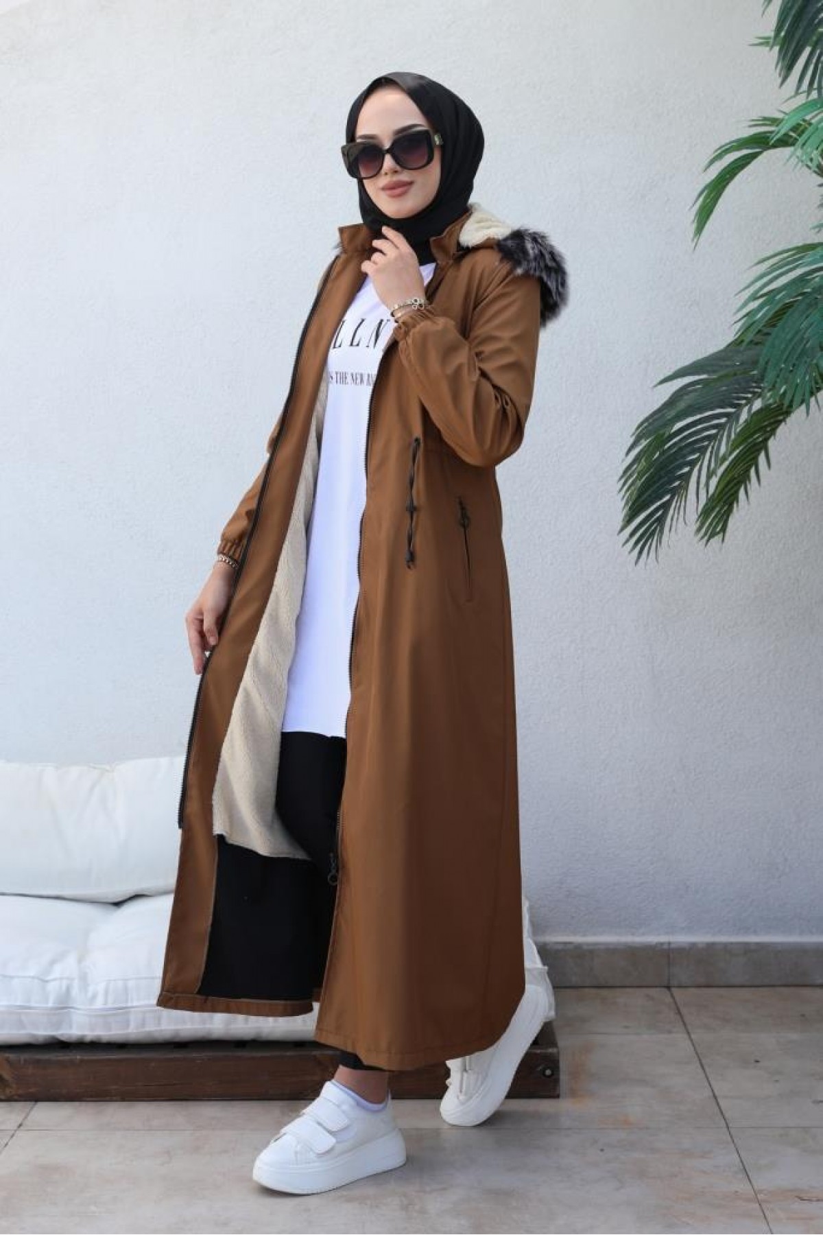  İçi Kürklü Kapüşonlu Uzun Bondit Kaban Taba 9502