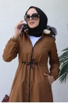  İçi Kürklü Kapüşonlu Uzun Bondit Kaban Taba 9502