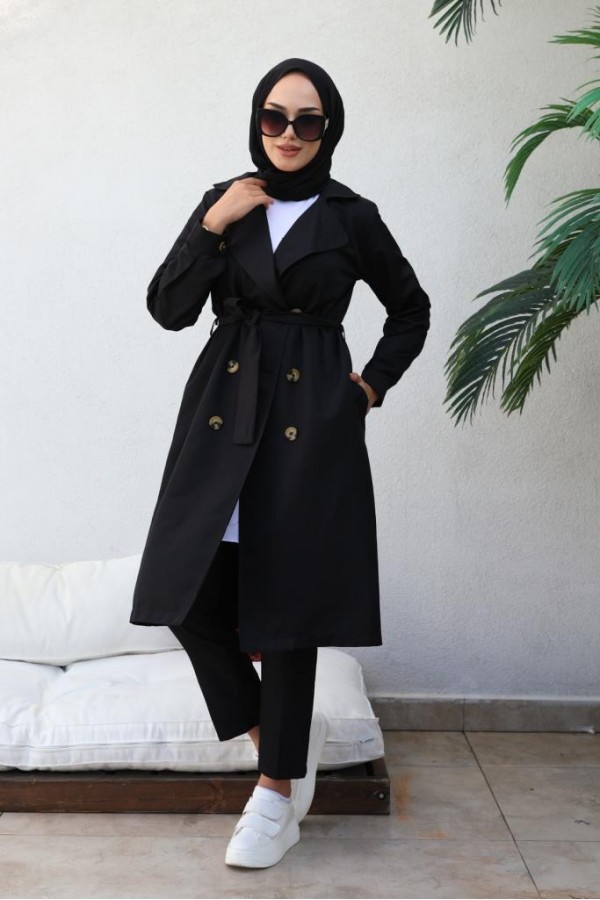 Boyfriend Tesettür Trençkot Siyah 5853 Boyfriend Tesettür Trençkot Siyah 5853